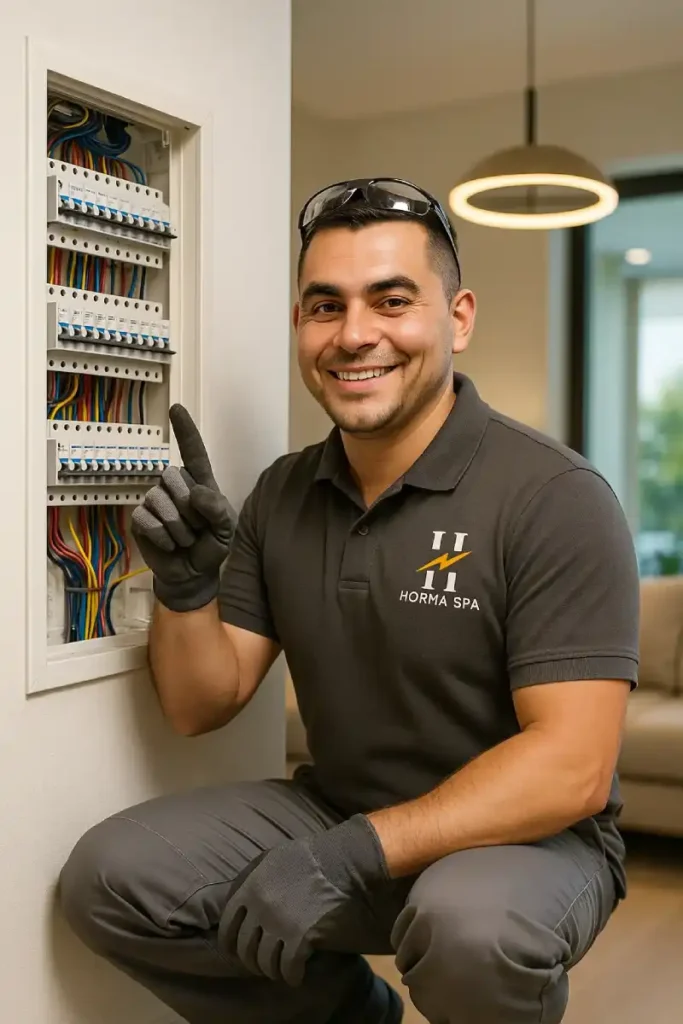 TECNICO DE HORMA ELECTRICIDAD SEÑALANDO UN TABLERO ELECTRICO