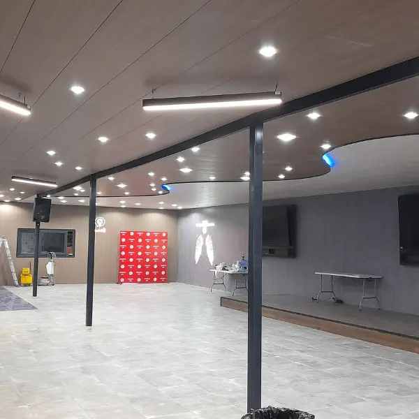 Cielo falso con luminarias empotradas y lámparas lineales — Horma Electricidad