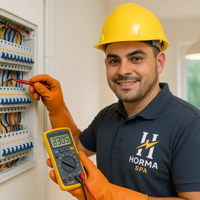 Electricista de Horma electricidad sonriendo y manipulando un tablero electrico