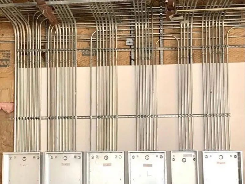 Vista frontal de tableros eléctricos y canalizaciones metálicas ordenadas en instalación industrial — cumplimiento normativo RIC N°02 y TE1.