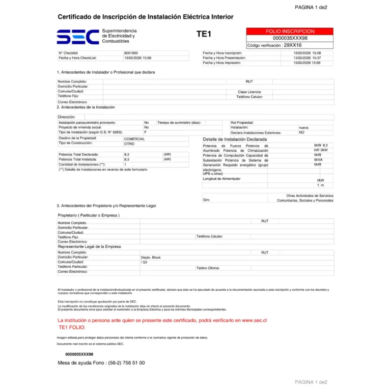 Declaración TE1 instalación eléctrica interior inscrita en sistema público SEC
